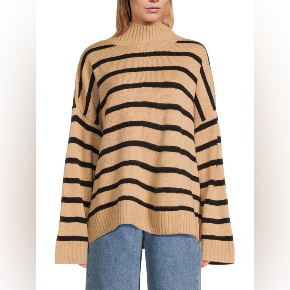 WEWOREWHAT NWT Oversized Funnel Neck Sweater $128 Taupe / Black Stripe | XS